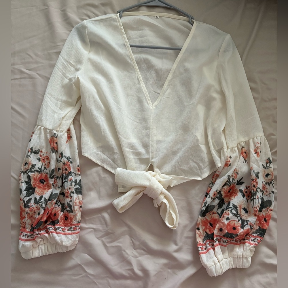 Floral Sleeve Tie-Front Blouse - Cream